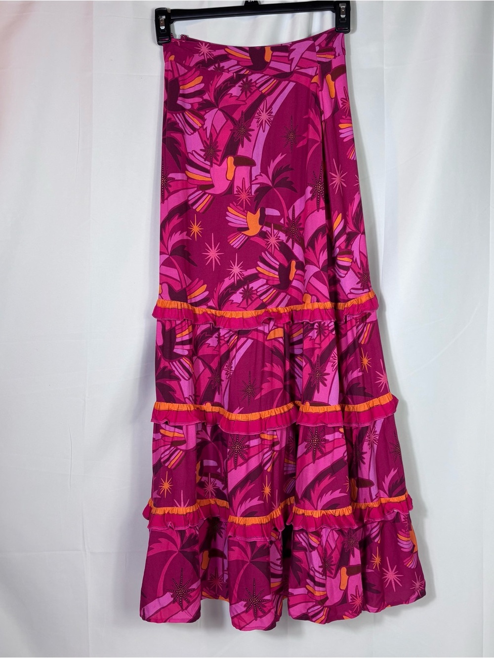 Farm Rio Anthropologie XS Tropical Toucan Jungle Flow Tiered Maxi Skirt NWT Vaca